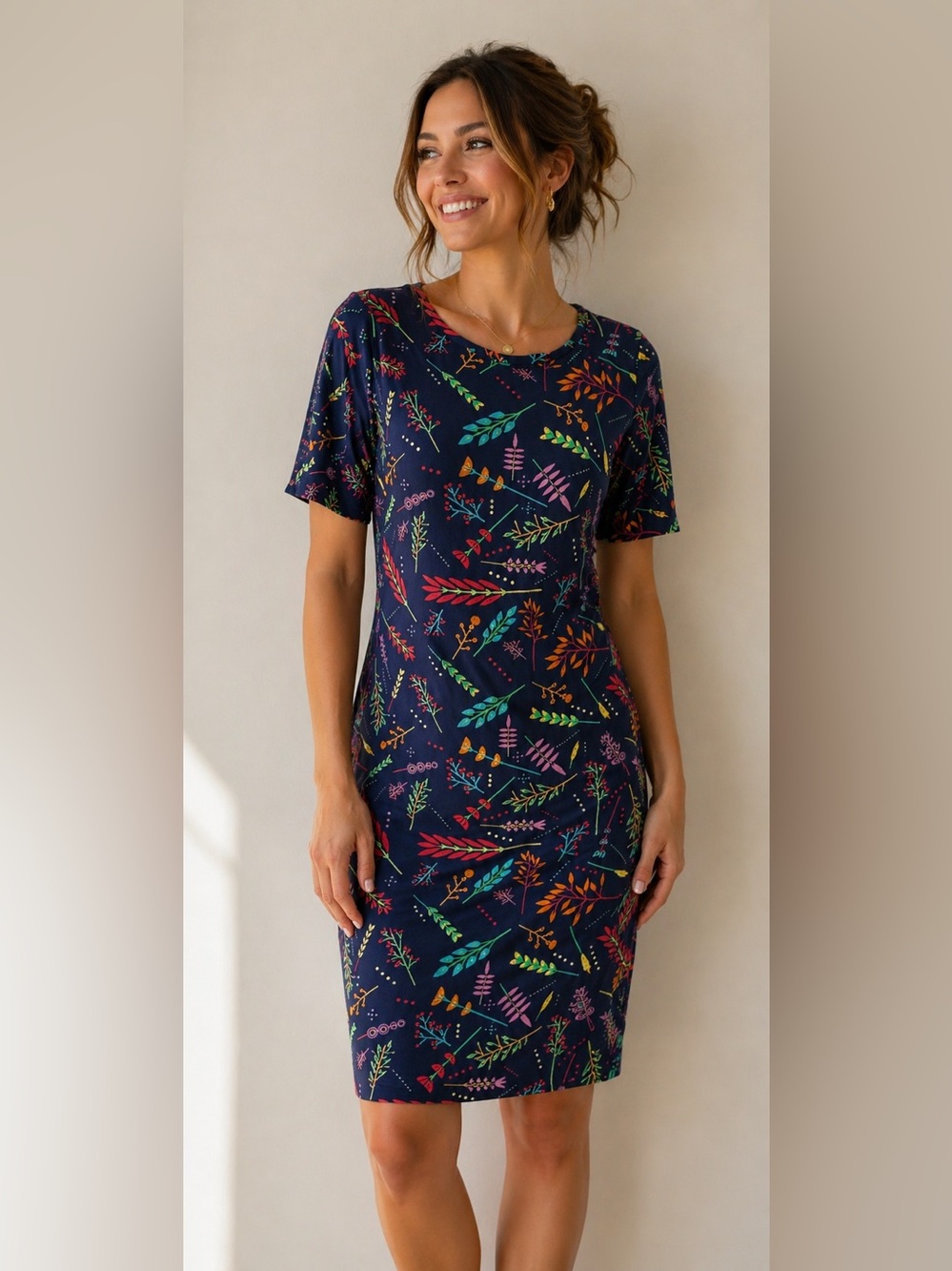 LuLaRoe Navy Multicolor Leaf Print Julia Dress – fits a Medium